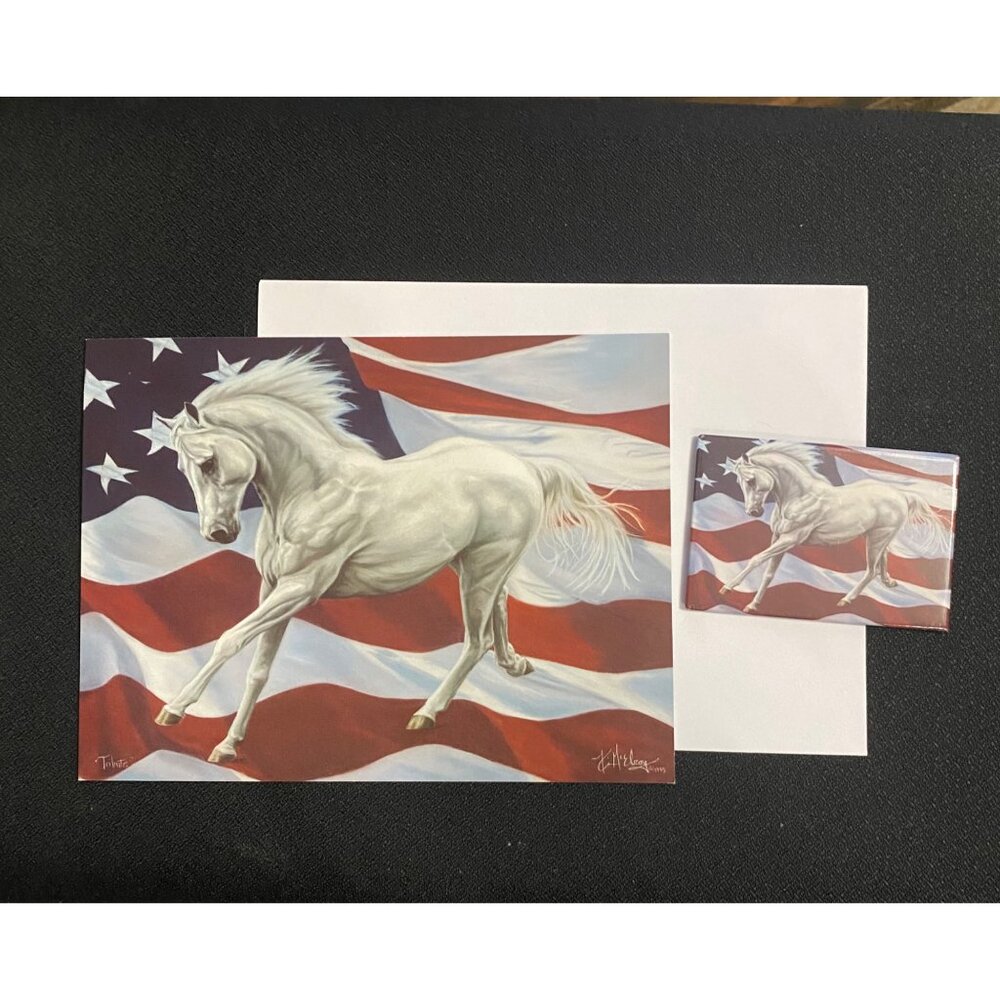 VTG Leanin' Tree Greeting Card + Magnet Horse USA Flag Independence Kim McElroy‎
